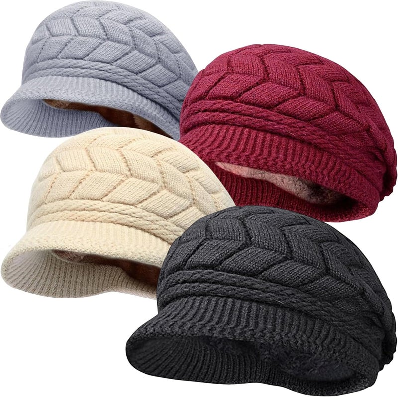 stablerice 4 Pack Womens Winter Beanie Hats Thick Warm Knit Hat with Visor Brim Wool Snow Ski Caps Chunky Soft Slouchy Cap - Image 1